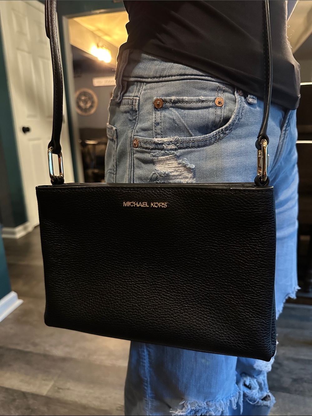 Michael Kors Black Pebbled Leather Crossbody with Gold Logo